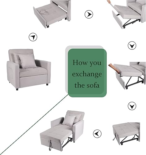 Miniatura 33 de Polar Aurora Silla de sofá cama convertible 3 en 1, tumbona, sillón reclinable individual para espacio pequeño con respaldo ajustable (verde)