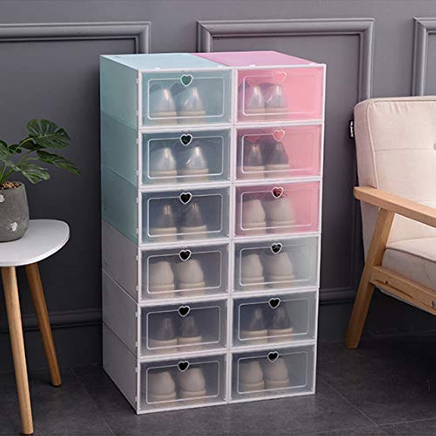 GULIQGULIQSUPERZN Stackable Storage Shoe Box Closet Storage Organizer Transparent Home Container Drawer 6Pcs (3 in White and 3 in Pink)