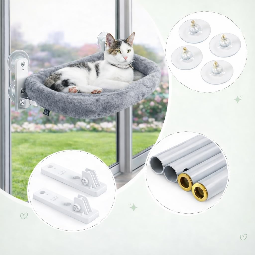 Hamac Chat Fenêtre avec Ventouses Renforcées – Lit Suspendu Réversible Été/Hiver – Perchoir Stable Jusqu’à 18 kg – Couchage Pliable en Hauteur – Taille L/XL – Blanc ou Gris (Gris, Large)
