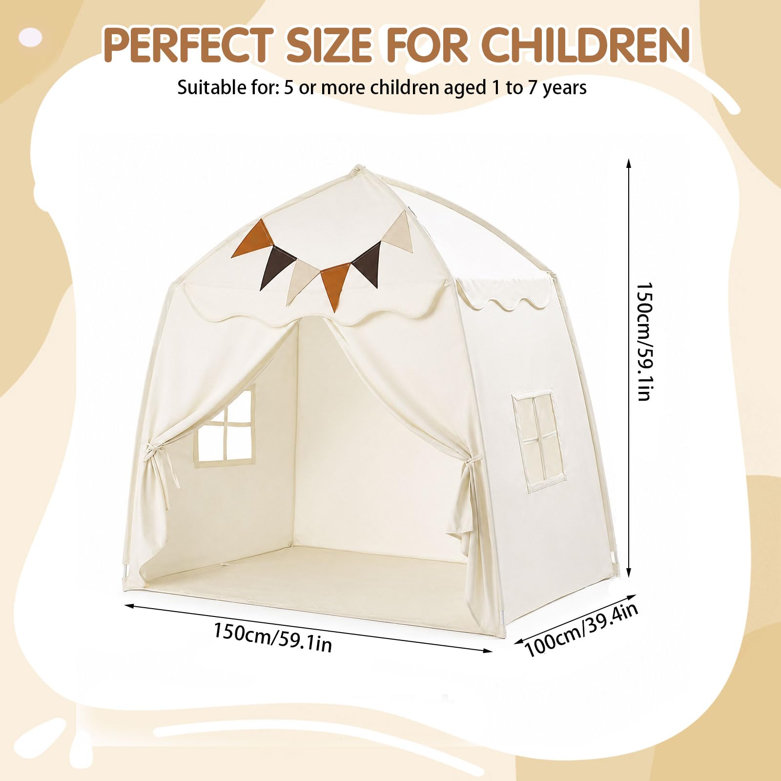Extragroßes Spielzelt für Kinder – Tragbares & Faltbares Tipi Spielhaus mit Flaggen, Jungen & Mädchen, Kuppelzelt für drinnen und draußen, 150x100x150 cm (Cremefarben)