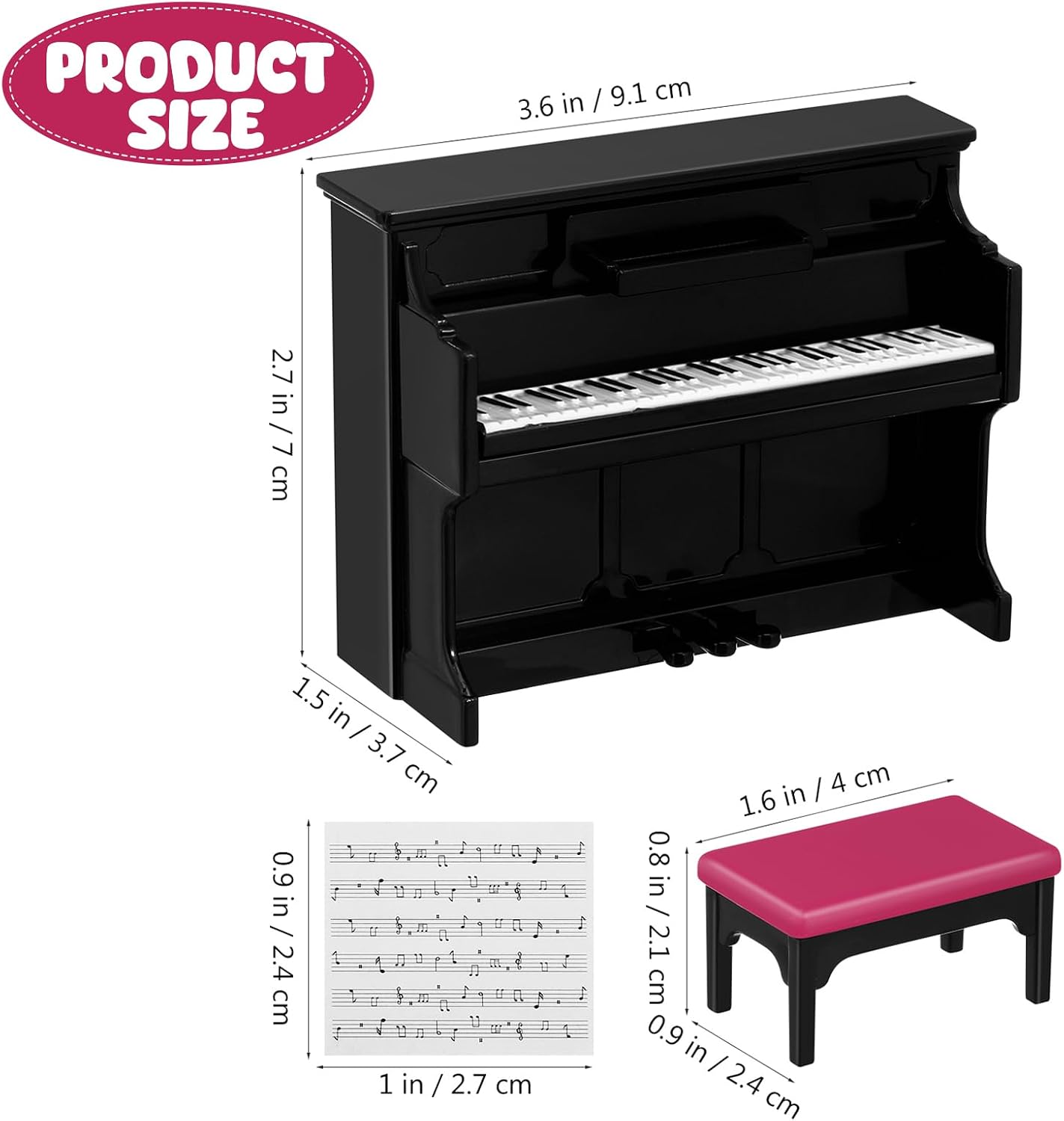 GLEAVI Mini Upright Piano with Stool and Music Score 3.58X2.75X1.45In Dollhouse Miniature Furniture Scene Props for Kids Toy and Mini House Decor