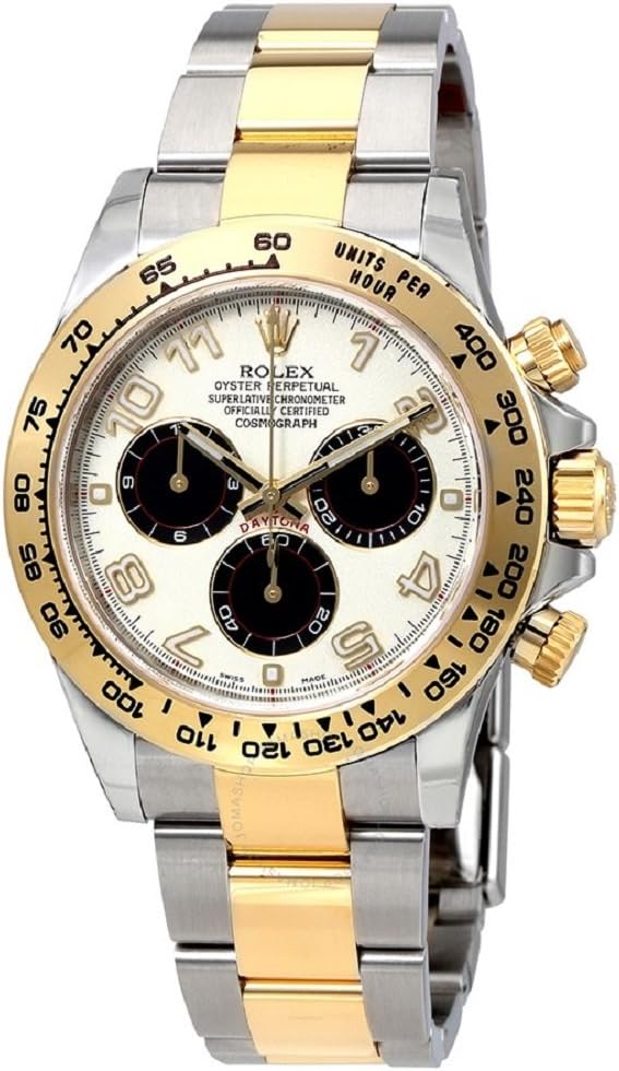 Rolex Oyster Perpetual Cosmograph Daytona 40mm Stainless Steel Case, 18K Gold Tachymeter Engraved Bezel, Ivory dial, Black Subdials, Arabic Numerals, and Stainless Steel 18K Yellow Gold Bracelet.