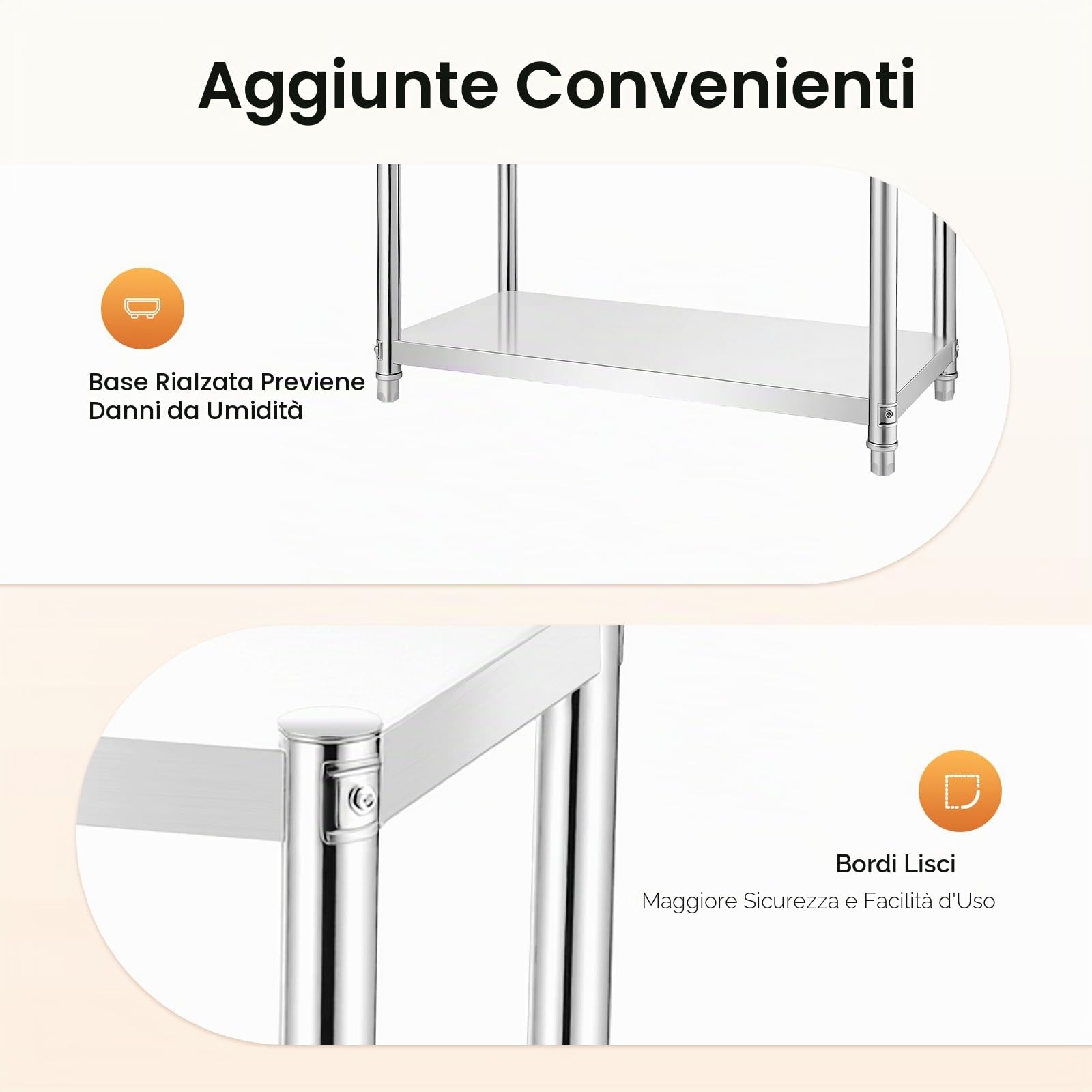 Tavolo da Lavoro in Acciaio Inox con 3 Ripiani, 80 x 40 x 80 cm, Tavolo Cucina Professionale carico 50kg, Banco Multiuso Salvaspazio per Cucina, Ristorante e Laboratorio