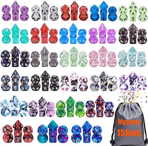 15 Sets Random Assortment Polyhedral RPG Mini Dice (105pcs),Surprise Mystery Mini Dice Set,10mm Mini DND Magic The Gathering Dice Set for MTG,RPG,D&D Dungeons and Dragons Role Playing Game