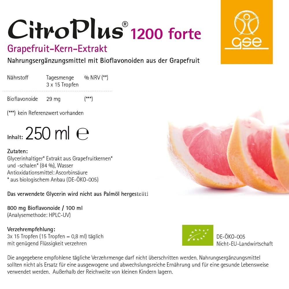GSE CitroPlus 1200 Forte - Grapefruitkern Extrakt, 250 ml Grapefruit Tropfen in BIO-Qualität, 3000mg Flavonoide, 100% vegan und ohne Zusatzstoffe