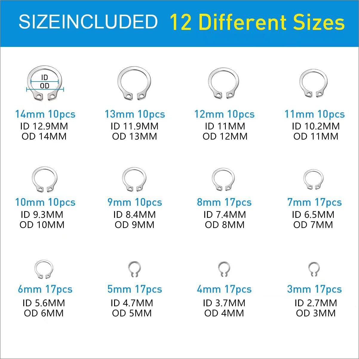 Mariyandh 327Pcs E-Clips Circlip Retaining Rings Assortment Set(1.2mm-10mm) and C-Clips External Retaining Rings Snap Rings Assortment Kit Circlip 304 Stainless Steel(M3-M14)，24 Sizes