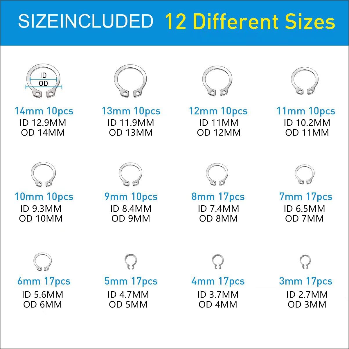 327Pcs E-Clips Circlip Retaining Rings Assortment Set(1.2mm-10mm) and C-Clips External Retaining Rings Snap Rings Assortment Kit Circlip 304 Stainless Steel(M3-M14)，24 Sizes