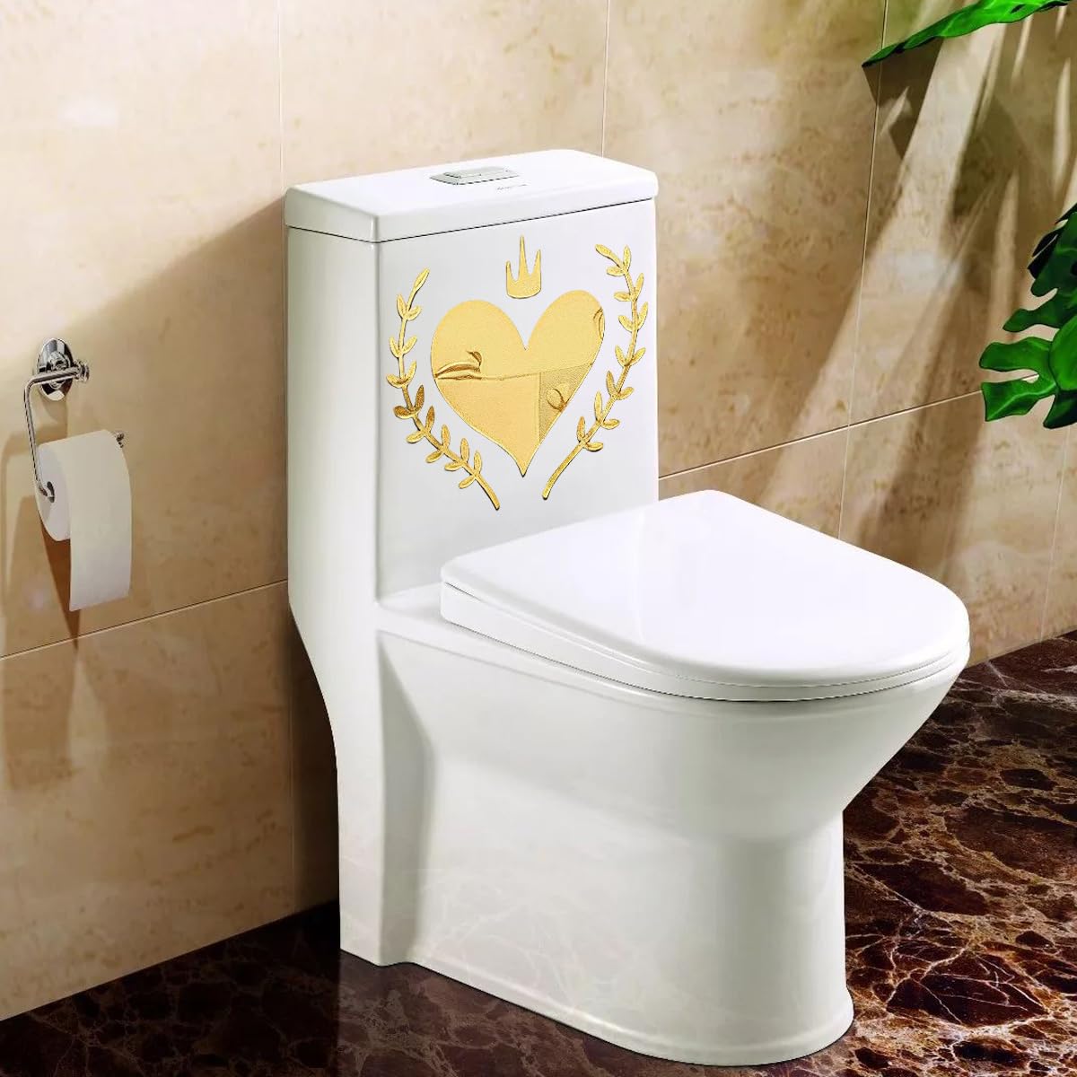Heart Leaves DIY Acrylic Toilet Cover Sticker Decals,Flower Leaf Bird Waterproof Toilet Lid Tank Seat Decals Cistern Self-Adhesive Bathroom Wall Sticker(Golden)
