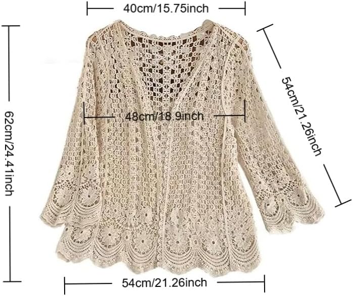 Women's Summer Long Sleeve Cardigan Hollow Out Crochet Knit Floral Cover Up Open Front Scalloped Mesh Beach Shrug Coat Beige - Image 5