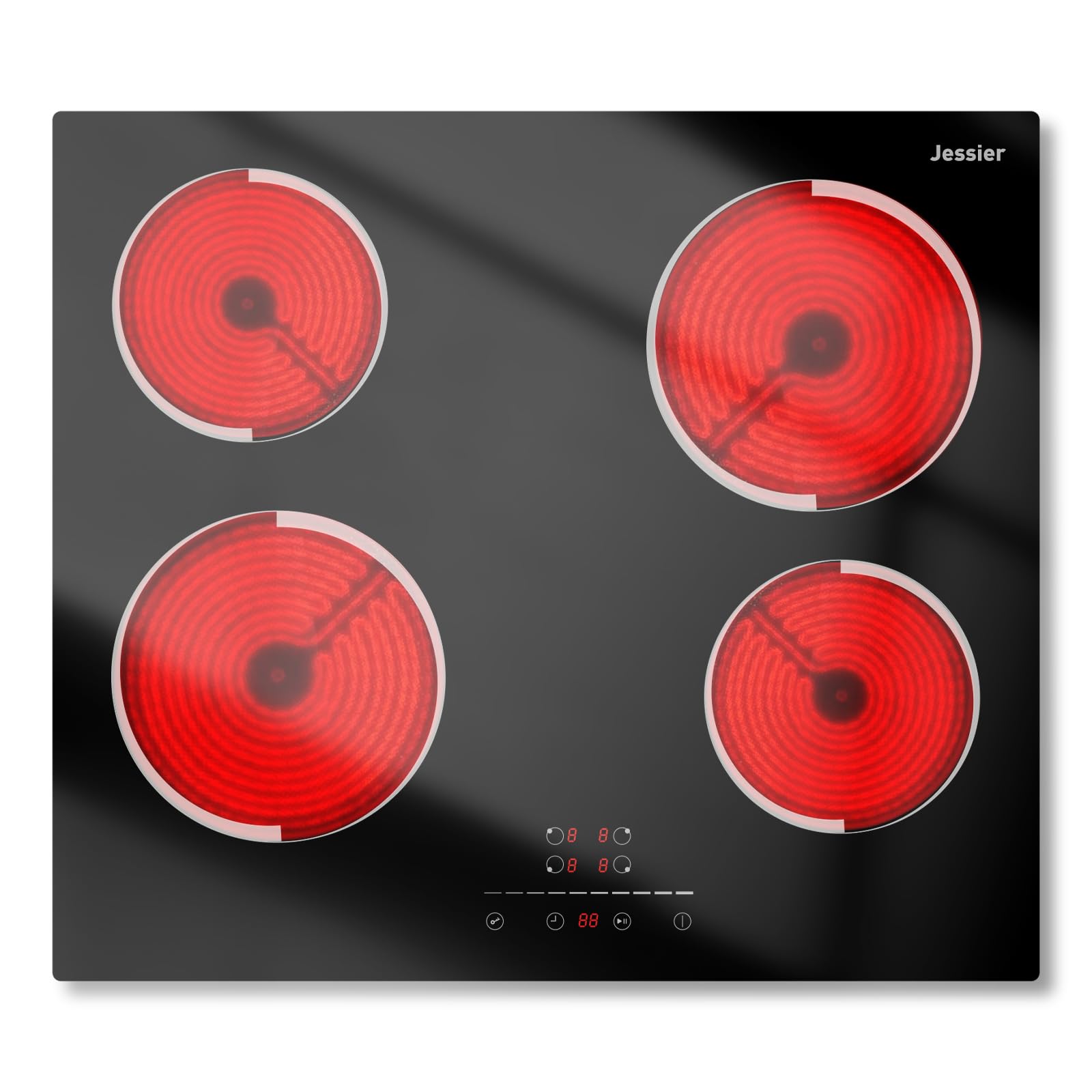 Piano Vetroceramica 4 Fuochi 6000W, Jessier Piano Cottura Elettrico 4 Piastre 9 Livelli di Potenza, Funzione Pausa, Timer, Blocco di Sicurezza