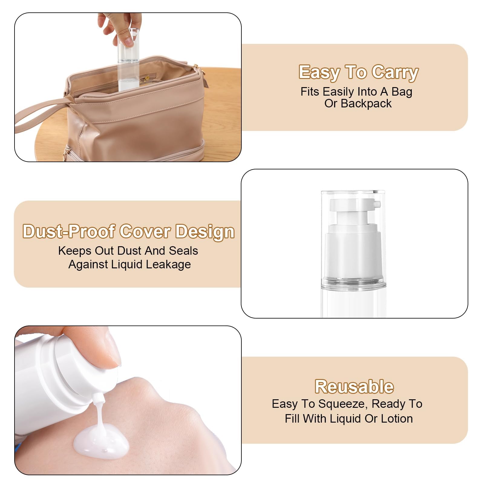 Airless dozownik z pompką, 6 sztuk, 15 ml/30 ml/50 ml, pusta, próżniowe butelki podróżne do napełniania z naklejką, szpatułka, do podróży, balsamów, szamponów, kosmetyków
