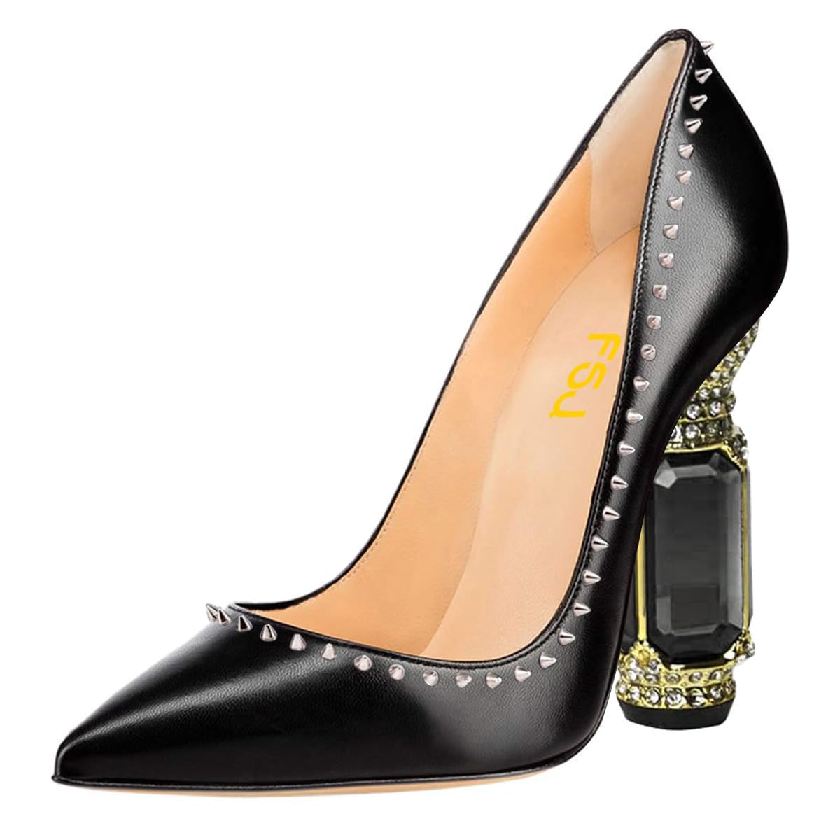 FSJ Women Bridal Pointed Toe Chunky Block High Heel Crystal Pumps Slip on Wedding Thick Comfort Evening Dress Studded Rivets Shoes