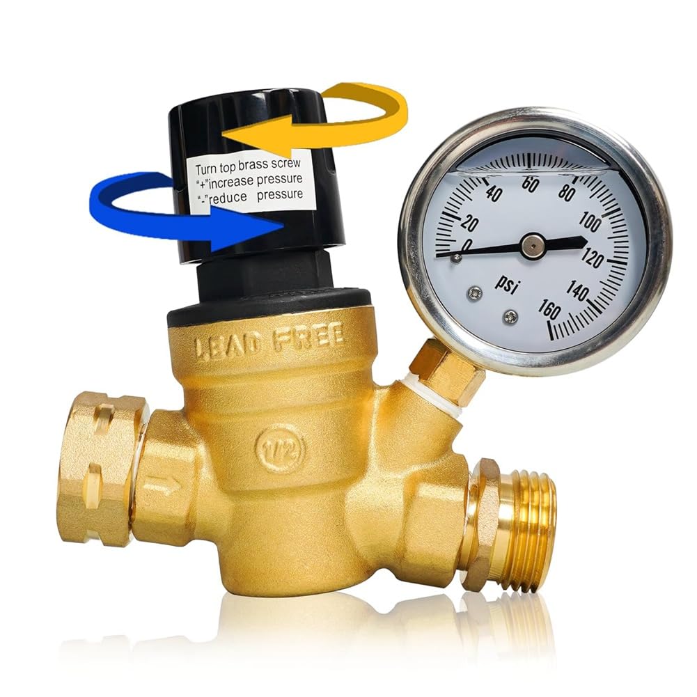Littimoon RV Water Pressure Regulator, Adjustable Handle Brass Water Pressure Regulator with Gauge and Inlet Screen Filter for RV