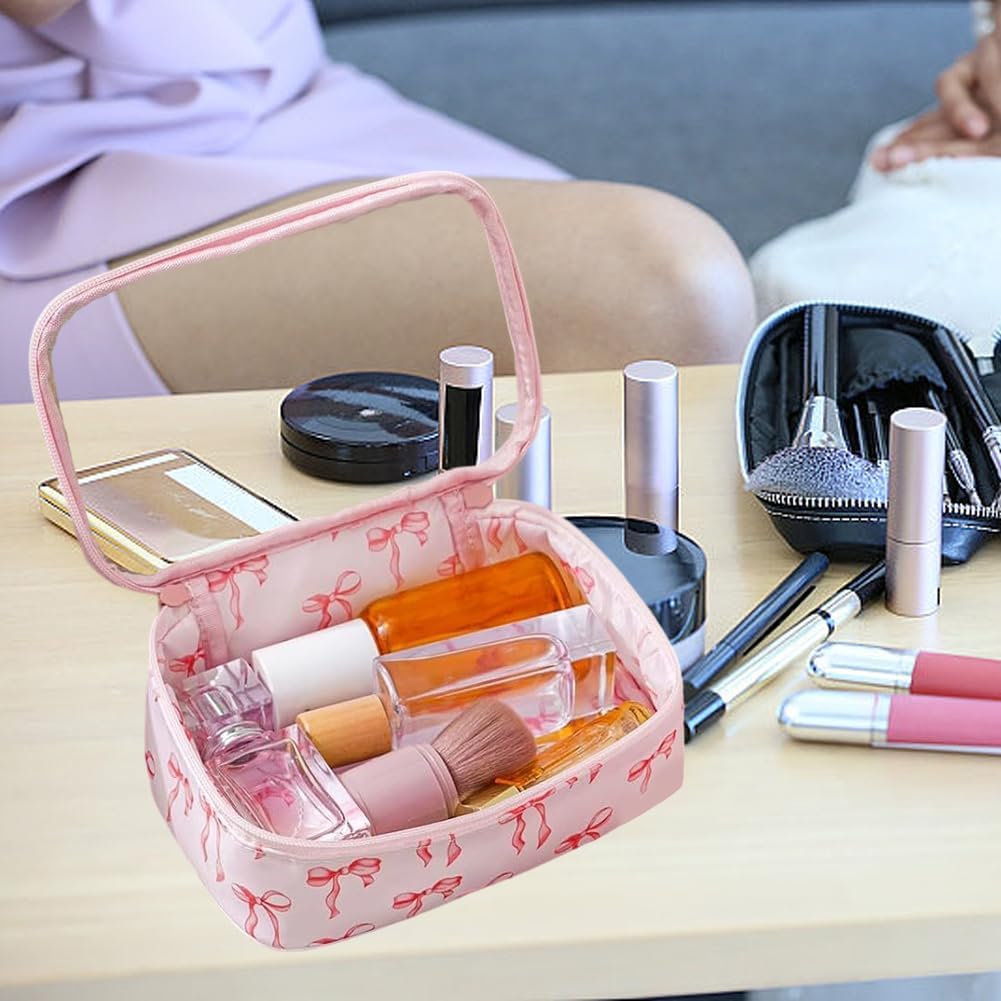Portable PU Leather Cosmetic Case Pouch Pink Bow Clear Makeup Bag Waterproof Transparent Zipper Bags Small Cosmetic Storage Utility Lipstick Holder for Women Travel Toiletry - Image 7