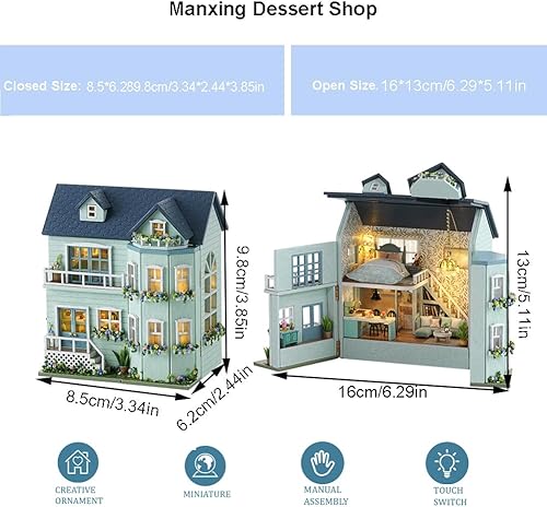 Miniatura 9 de Kit de muebles de casa de muñecas de madera en miniatura, mini casa de muñecas hecha a mano con LED, escala 124, juguetes creativos para