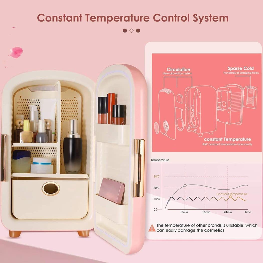 Nevera Rosa Moderna para el Cuidado de la Piel con cajones extraíbles, mininevera de Belleza de 12 litros, Nevera portátil para Maquillaje para el Cuidado de la Piel y cosméticos