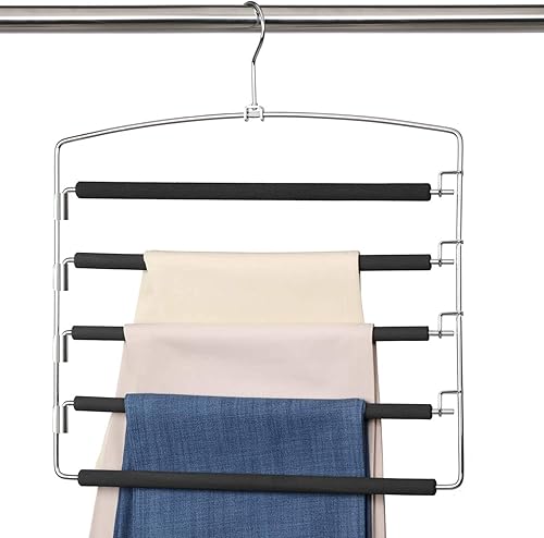 Perchas para pantalones de 5 capas de acero inoxidable antideslizante de espuma acolchada con brazo oscilante para ahorrar espacio, perchas para