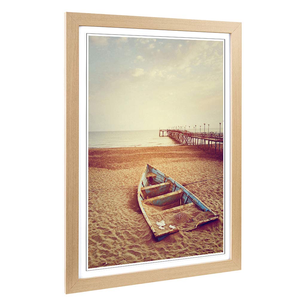Big Box Art Framed Print of Stranded Boat on Beach Pier Seascape Design | Wall Art Picture | Home Decor for Kitchen, Living Room, Bedroom, Hallway, Oak, A2 / 24.5x18 Inch / 62x45cm