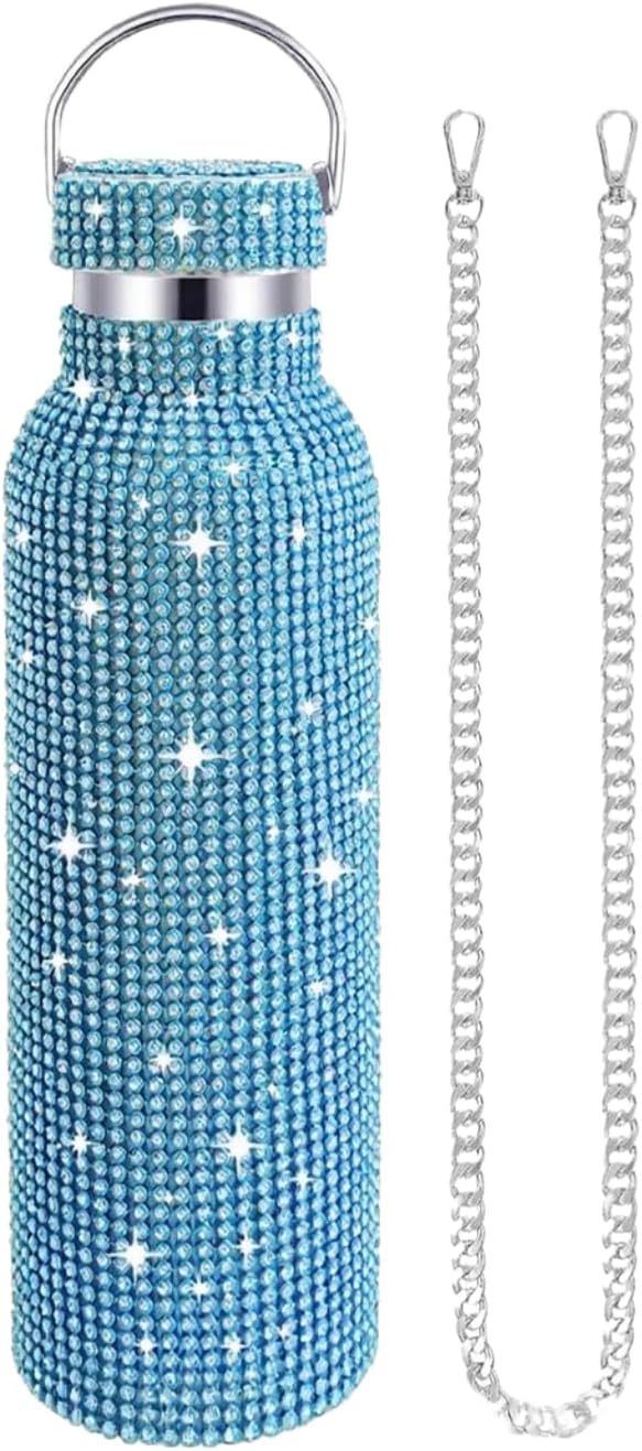 25oz Diamond Water Bottle Bling Rhinestone Stainless Steel Thermal Refillable Insulated Glitter with Chain for Women Girls Gifts (750ml),Black+White Stripe