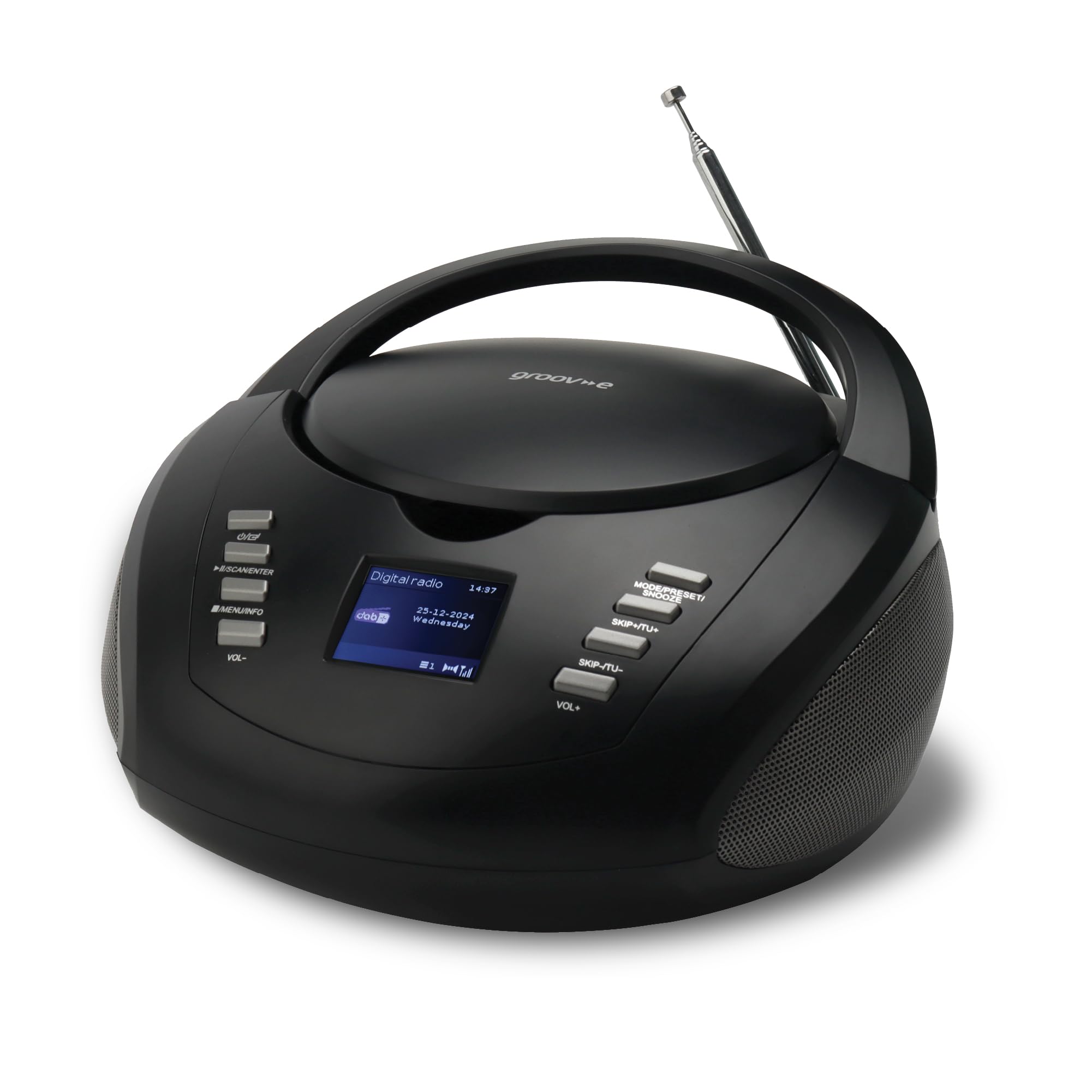 Groov-e DAB Boombox - Portable CD Player with Radio, 3.5mm Aux Port, Bluetooth Speaker, & Alarm Clock - LED Display, 2x 1W Speakers - Battery or Mains Powered - Black