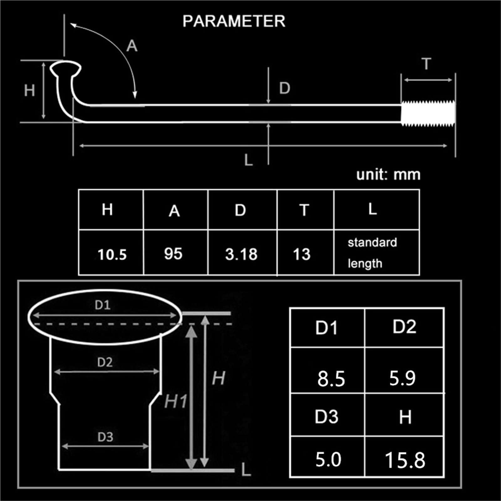 Raggi elettrici per biciclette e moto da 3,18 mm, con nippli – Gamma di lunghezza 55-305 mm, raggi in acciaio resistente per e-bike, scooter (105 mm)