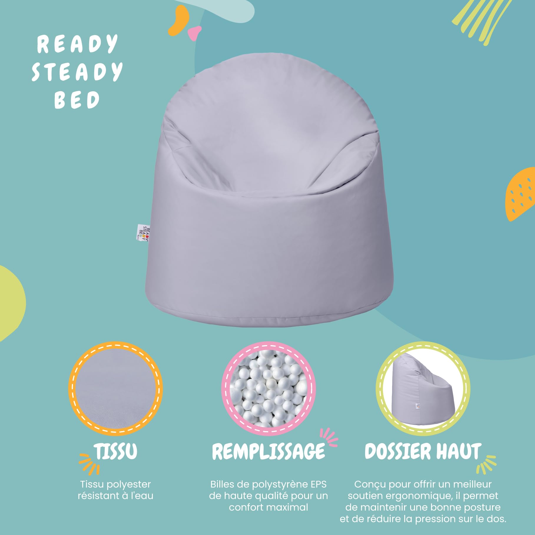 Ready Steady Bed Chaise Bean Bag | Siège BeanBag Confortable pour l'intérieur et l'extérieur | Meuble pour Enfants résistant à l'eau | Conception Ergonomique Durable et Confortable (Argent)