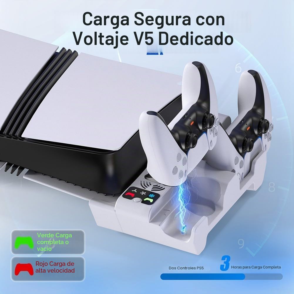 Soporte de refrigeración para consola de juegos para PS5 Pro/Slim, cargador doble con ventilador de 3 velocidades, indicadores LED, diseño delgado blanco