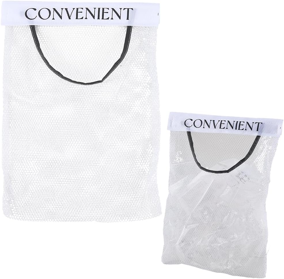 CREATCABIN 6Pcs Mesh Storage Organizer Convenient Bag Holder White Polyester Self Adhesive Sticky Wall Mount Hanging Laundry Baskets Bags with Hook and Loop Fastener for Home Kitchen Grocery 14" x 10"