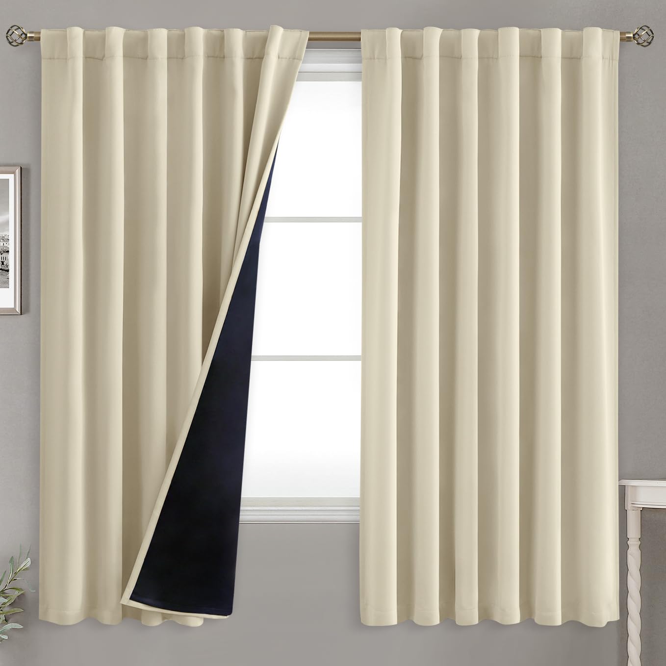 BGment Full Blackout Curtains with Thermal Insulation Liner Curtains 63 Inches Long?Rod Pocket and Back Tab Double Layer Room Darkening Window Curtain for Bedroom(52 x 63 Inch, 2 Panels, Beige)
