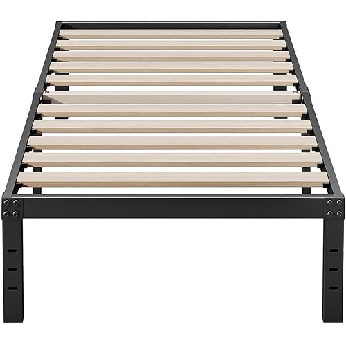 Auroral Zone Twin Bed Frame 14 Inches Tall 3 Inches Wide Wood Slats with Better Support for Foam Mattress No Sagging No Slip, No Box Spring Needed, Noise Free, Easy Assembly-Black