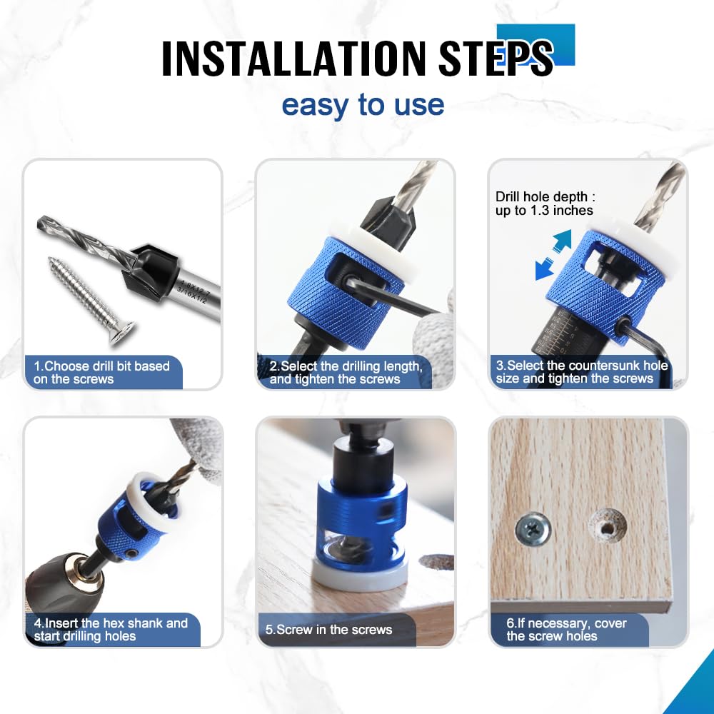 Countersink Drill Bit Set with Adjustable Depth Stop, Carbide Tipped Countersink Bit 1/8"+9/64"+5/32"+11/64"+3/16" Hex Shank for Woodworking,Carpentry, 2pcs Pilot Screw Hole Set