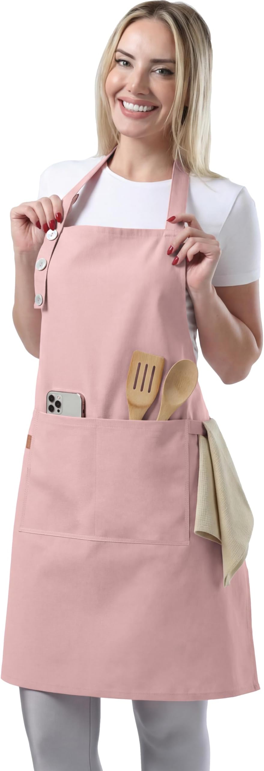 TOSHE Kitchen Apron Waterdrop Resistant Cotton Apron with adjustable Aprons for Women with Pockets 10 Color option Cooking Powder Pink Apron (Powder Pink)