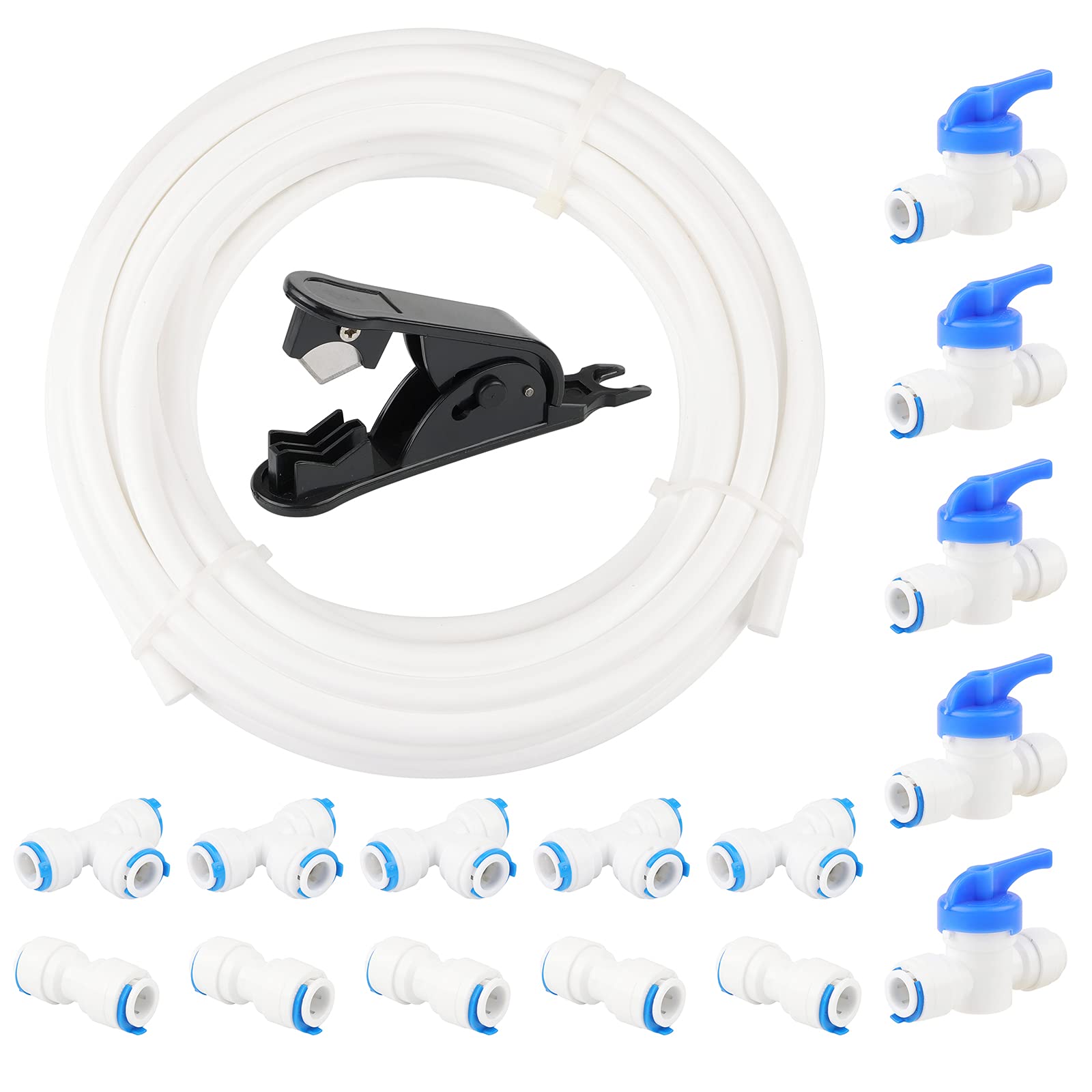 Rowiz White 17Pcs 3/8" Water Purifier Tube Fitting Set, Push In To Connect (Ball Valve+I+T Type) + Pe Pipe Cutter + 10 Meters Tubing Pipe (White) For Ro Water Filter System