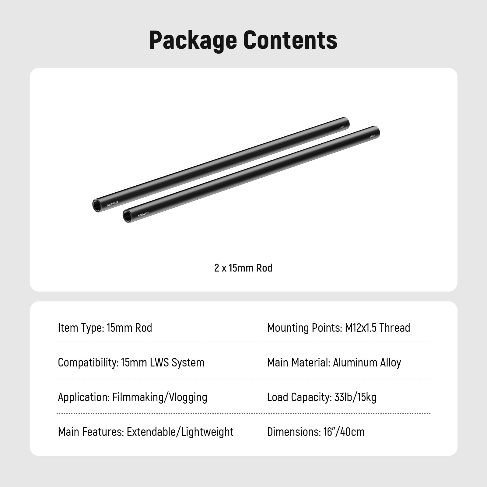 NEEWER Tige de 15mm (16"/40cm de Longue, Packs de 2), Tiges d'Extension Extensibles de 15mm en Alliage d'Aluminium pour Système de Rail de Tige LWS de 15mm, Plaque de Base de Plate-Forme Vidéo, SR024