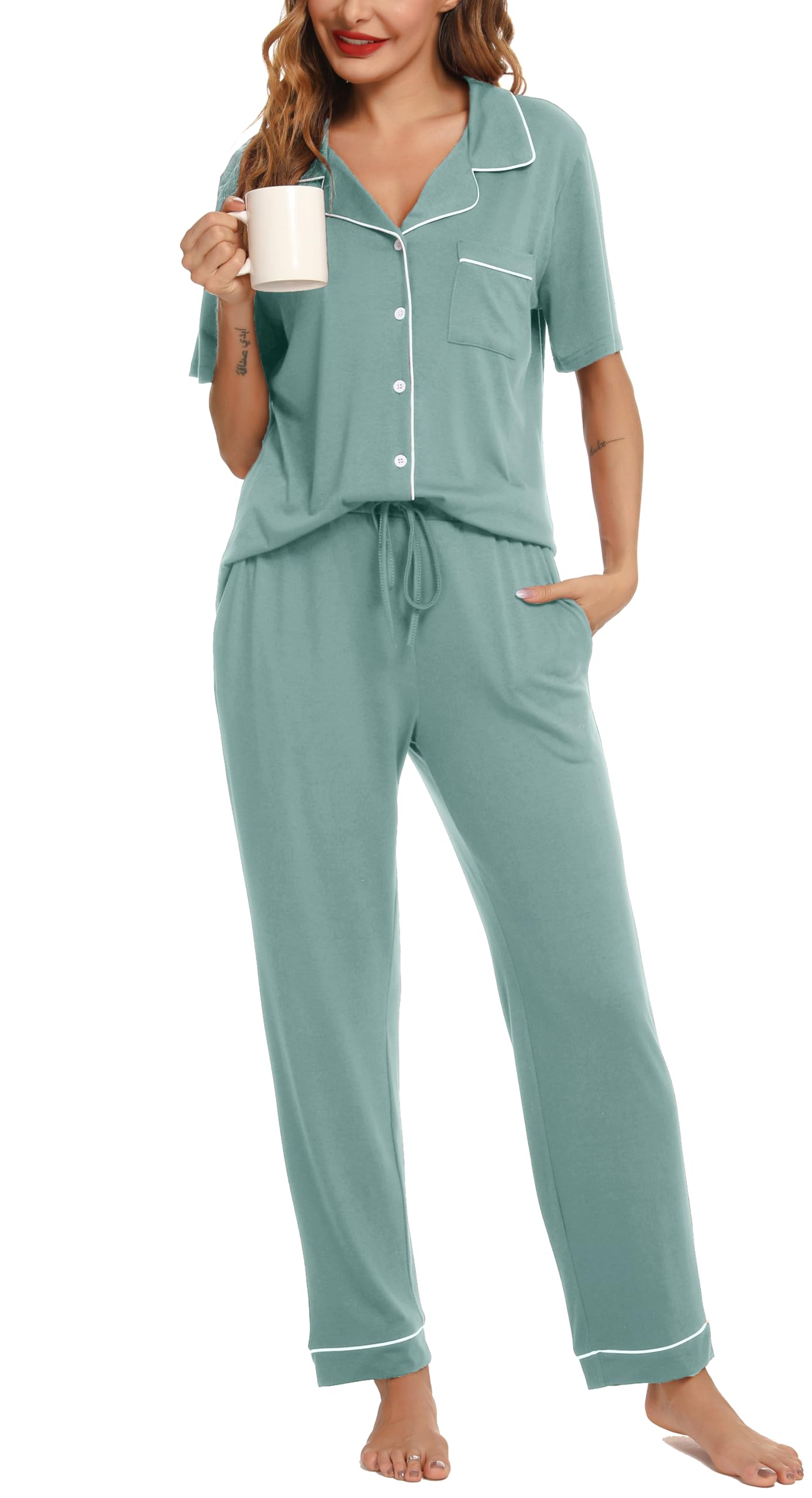 Lovasy Schlafanzug Damen Lang Kurzarm Pyjama mit Knöpfen Schlafanzüge für Damen Zweiteiliger Loungewear Set mit Taschen und Kordelzug
