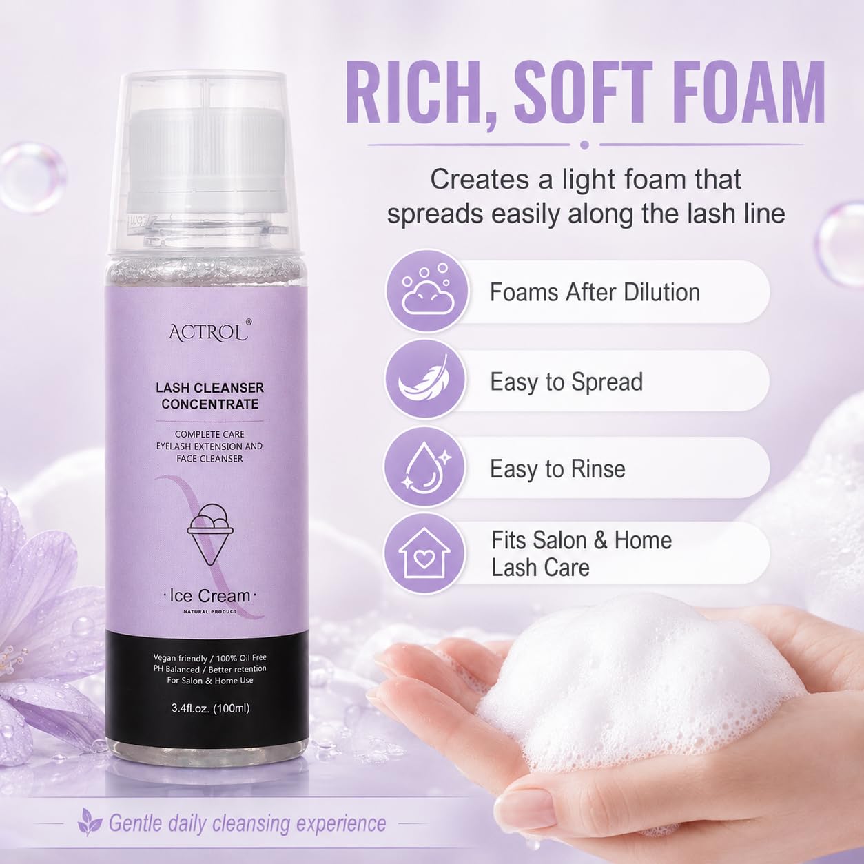 ACTROL Szampon do rzęs skoncentrowany 100 ml, środek do czyszczenia przedłużania rzęs, koncentrat lawendowy, szampon spieniający bez parabenów i siarczanów, do przedłużania rzęs, w zestawie