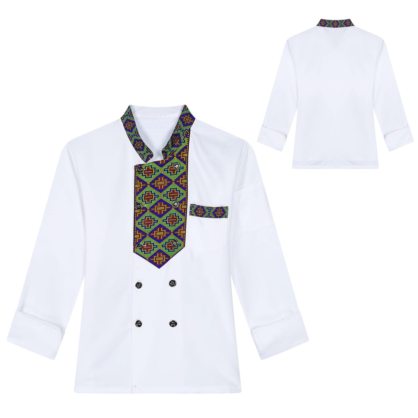 Yeahdor Unisex Ethnic Embroidery Chef Jacket Long Sleeve Kitchen Cook Uniform Chef Coat for Women Mens White X-Large