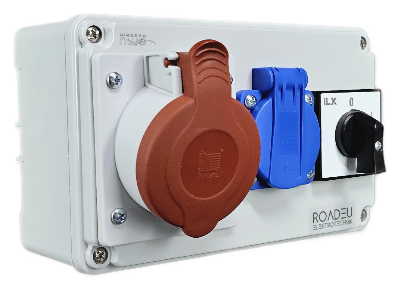 RoadEu CEE Steckdosenverteiler IP44 | 1x CEE 16A 5P 400V + 1x Schuko 230V mit Hauptschalter 0-1 | Aufputz Stromverteiler für Innen- & Außeneinsatz, vorverdrahtet, Europäische Komponenten