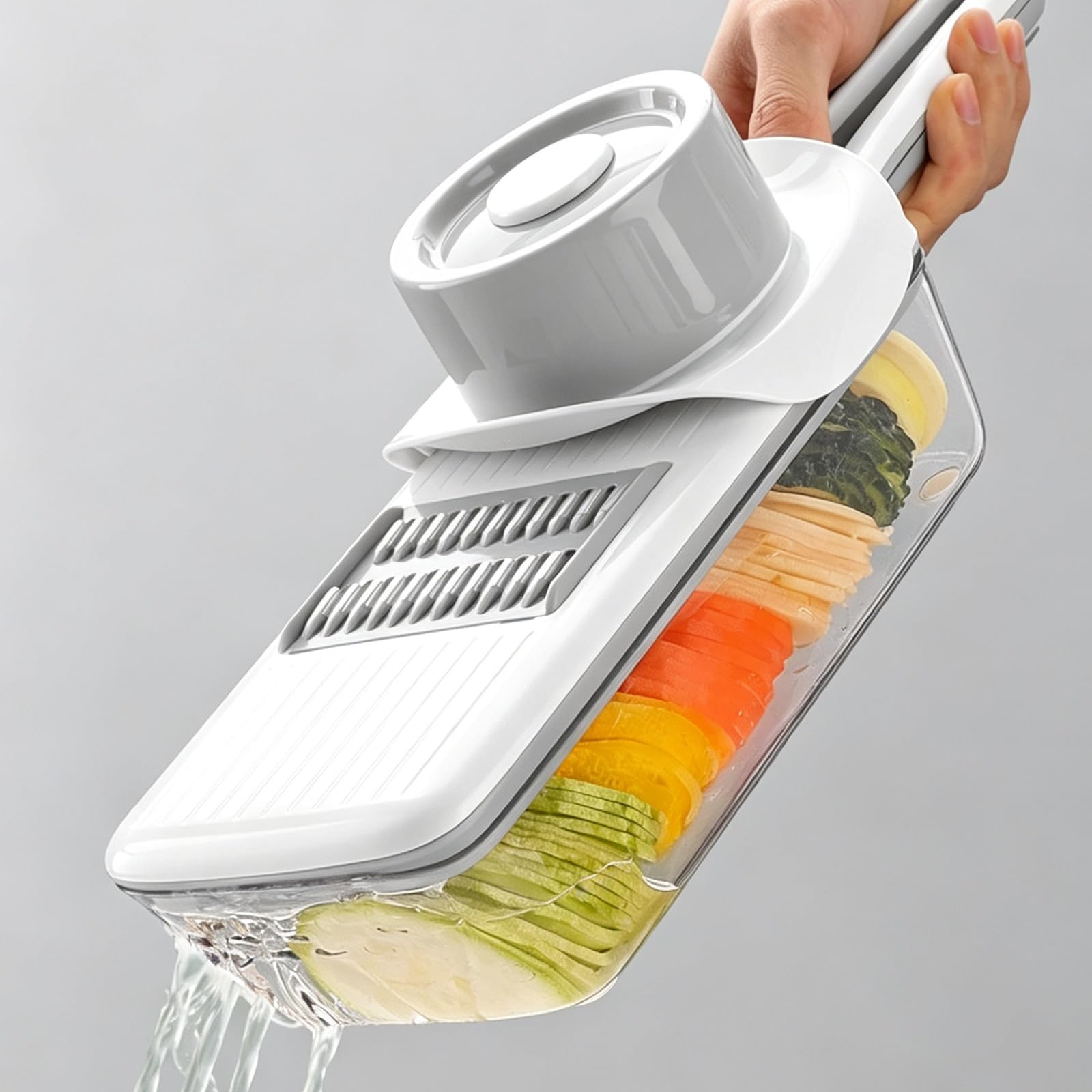 Mandolina de Cocina Profesional, Cortador de Verdura, con Caja Drenaje y Protector Mano Seguridad, Diseño con Orificio Drenaje, para Papas, Pepinos y Preparación