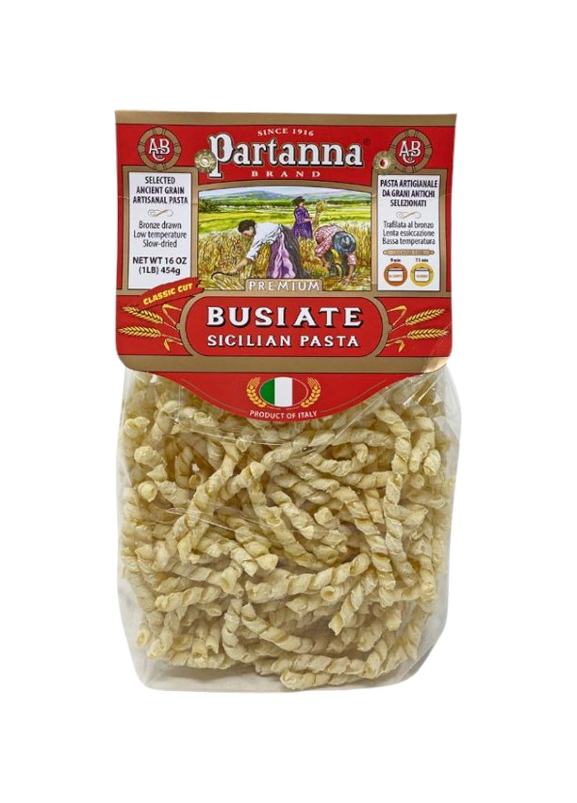Partanna Busiate Sicilian Artisanal Pasta Classic Cut -Bronze Cut - Durum Wheat Semolina- NON-GMO-Slow Dried - Made in Italy- 16 oz (Pack of 6)