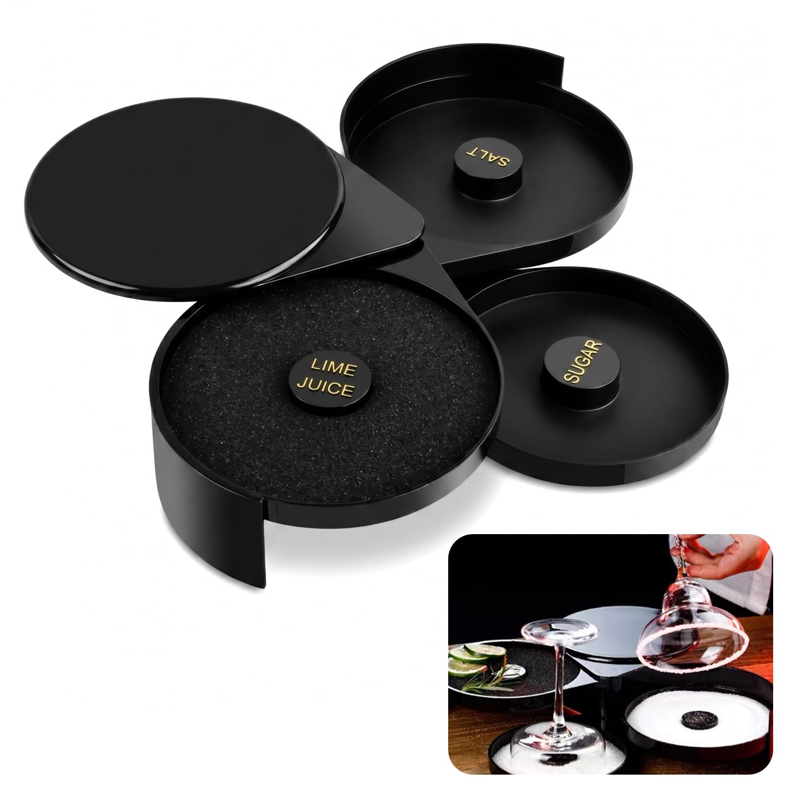 3-Tier Margarita Salt Rimmer Set Sponge, Bar Glass Rimmer for Cocktail Garnish, Lime Juice Container for Margaritas, Mojitos and Bar Accessories