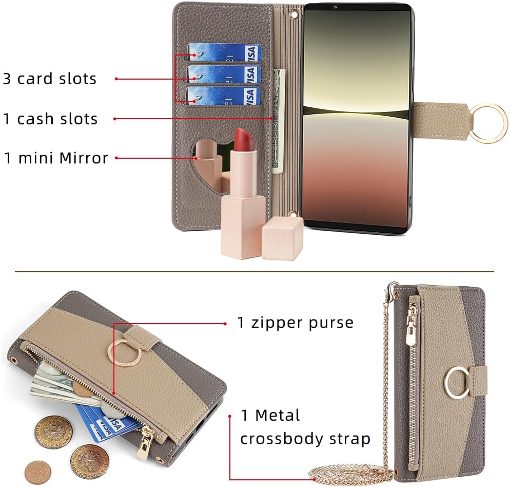 Wallet Case with Crossbody Strap Compatible for Sony Xperia 1 VI, Magnetic Handbag Zipper Pocket Cases PU Leather Flip Shockproof Cover with Kickstand Gray