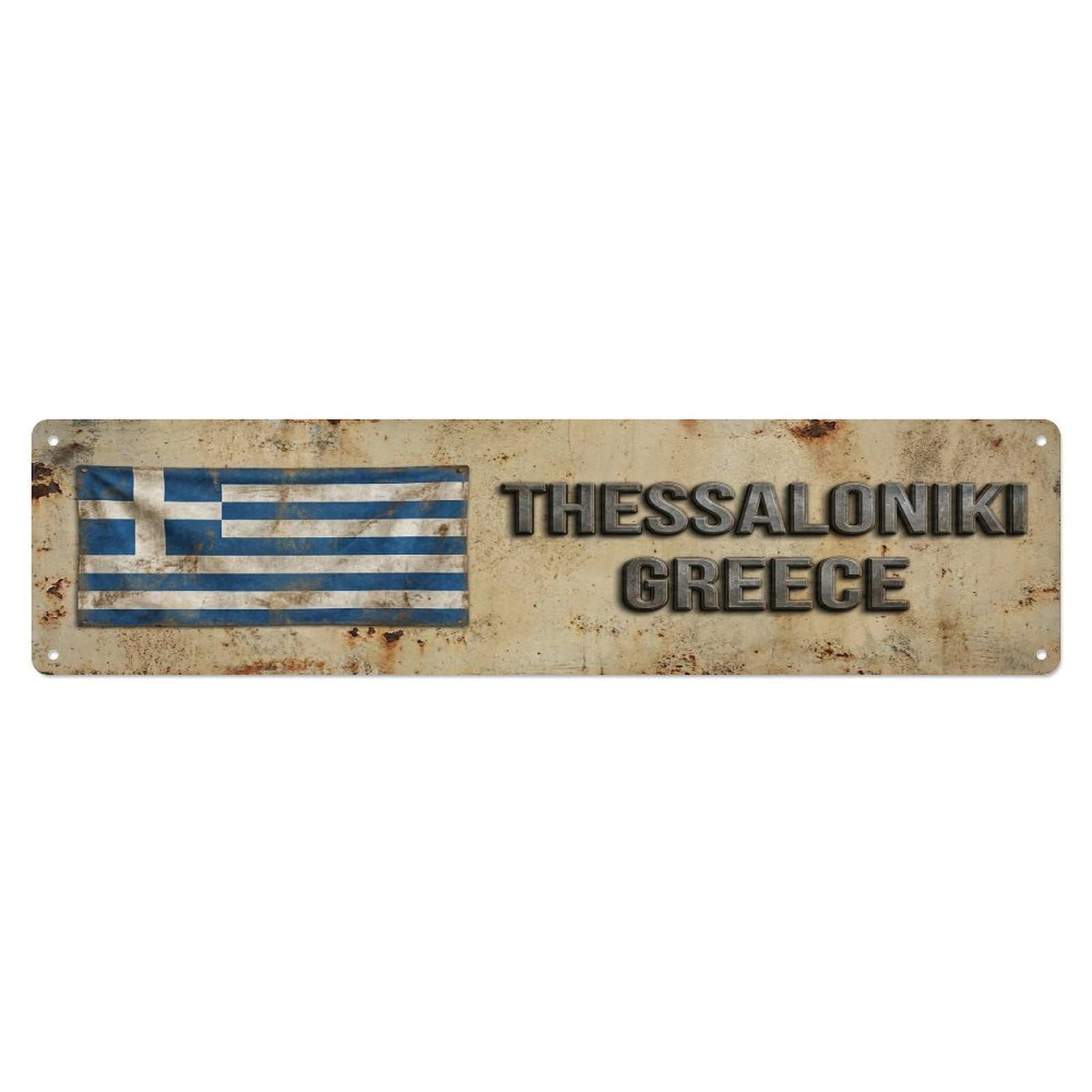 Vintage Thessaloniki Greece Flag Decor Rustic Travel Metal Tin Sign