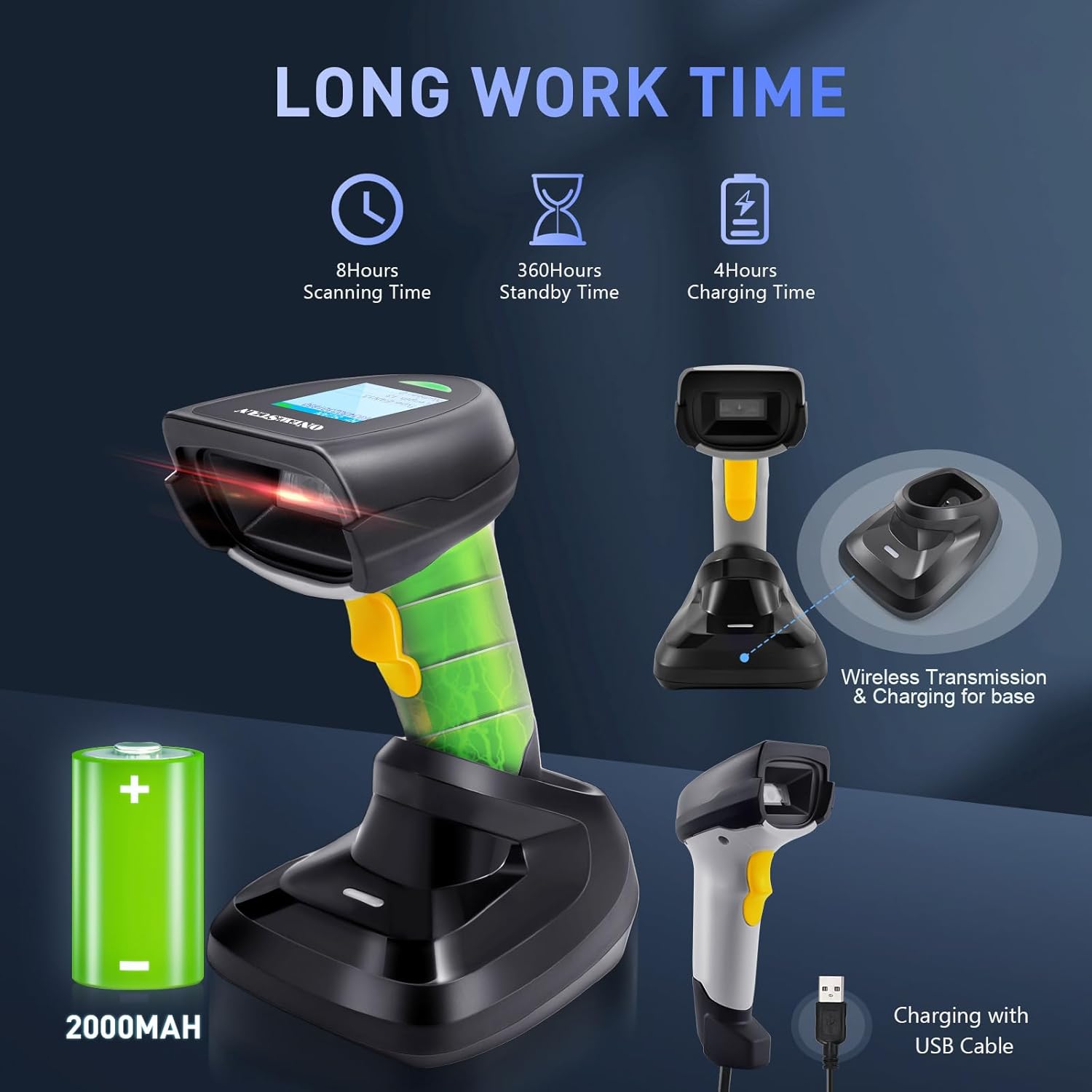 Barcode Scanner Wireless, QR Code Scanner Handheld Bar Code Scanners with Base 2 in 1 USB Wired Connection & 2.4G Wireless 1D&2D&PDF417 Data Matrix Automatic Barcode Reader
