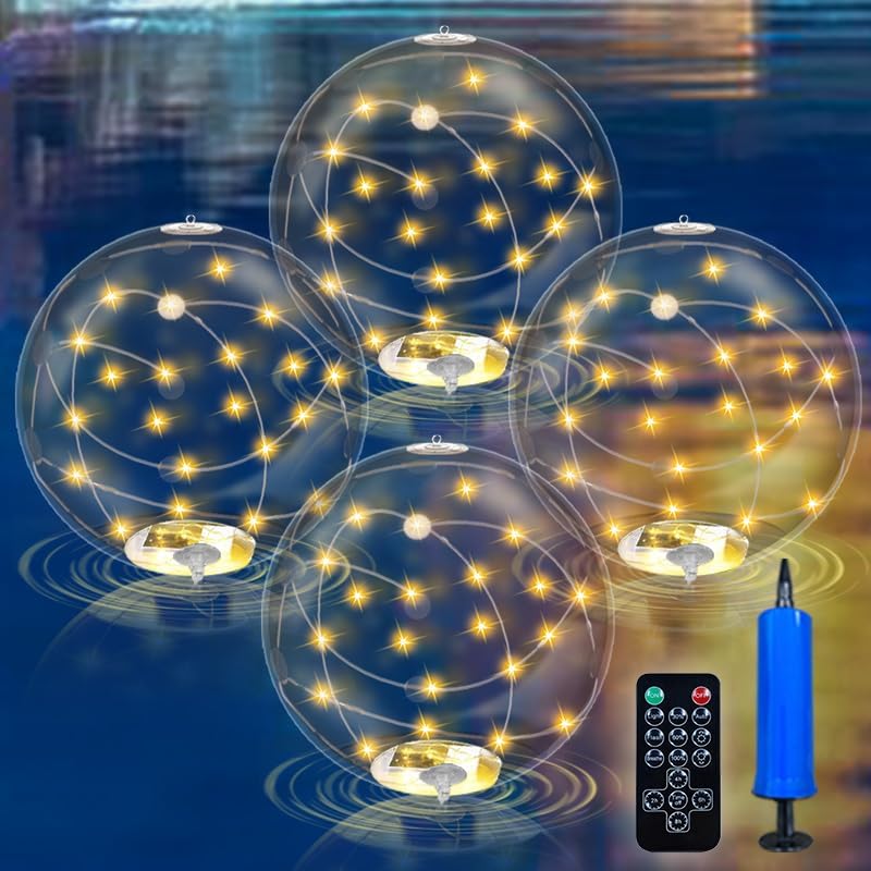 4 Pack Solar Floating Pool Lights, 14 Inch 3000K Warm White Inflatable LED Pool Balls with Remote, IP68 Waterproof Pool Lights That Float for Swimming Pool Party Yard Outdoor Decor