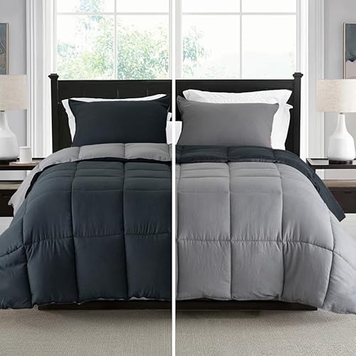 KASENTEX Reversible No-Shrink California King Comforter Set with Shams - Ultra Soft, All-Season, Non-Fading Colors, Machine Washable Duvet Insert (Jet Black and Tornado Grey)