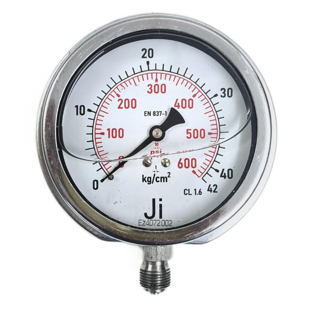 "Ji" Japsin Instrumentation Economical Pressure Gauge Glycerin Filled, 4" Dial, Range 0 to 42 Kg/Cm2 with Dual Scale of 600 PSI, Direct Mounting Bottom Entry, 3/8" BSP (M) Connection, SS Body-image-10