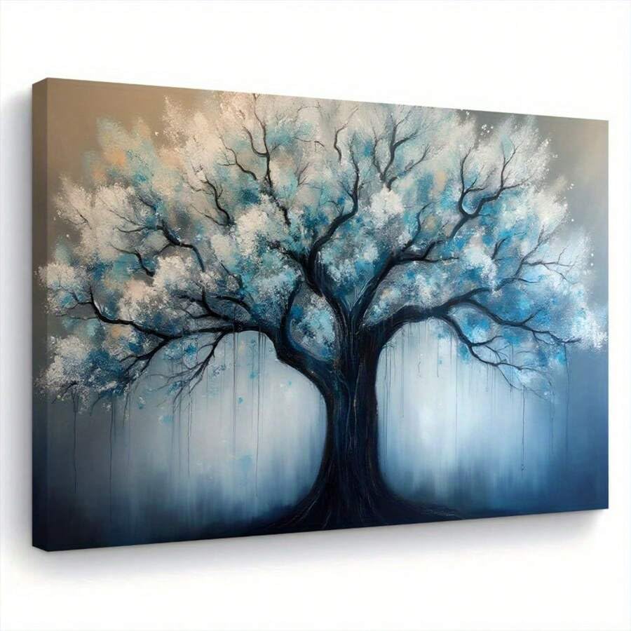 Tableau sur toile arbre bleu et blanc 70x100cm avec cadre intérieur giclée