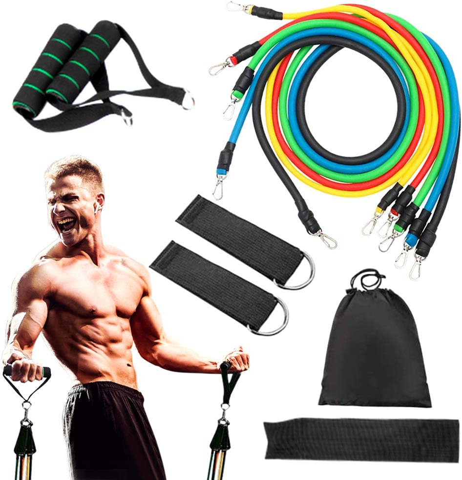 Superb Resistance Band Set 11 Pieces, Workout Exercise Band With Multifunction Handles Door Anchor Ankle Straps Carry Bag For Home Gym Equipment