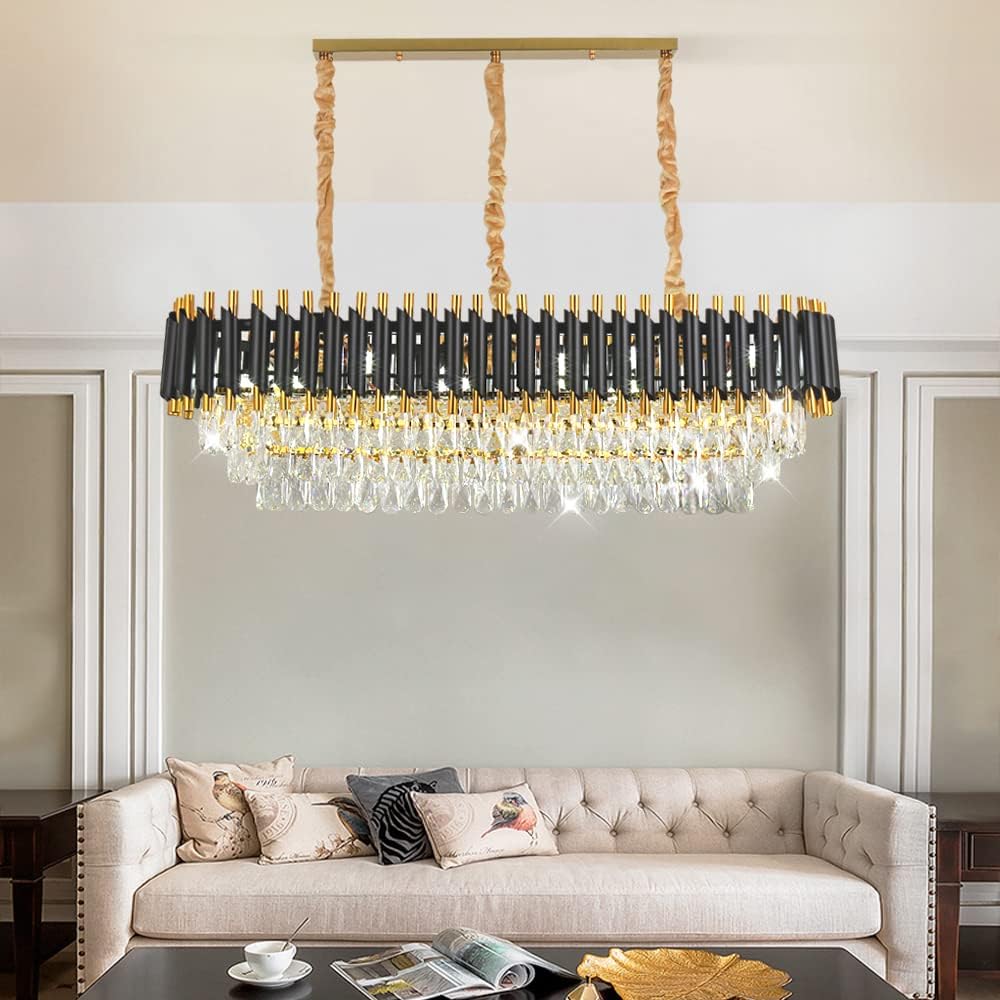 Crystal Chandelier, 40inch Modern Ceiling Lights Flush Mount Black Pendant Light Fixture for Bedroom Living Room Dining Indoor Lighting,Hanging Lamp Close to Ceiling Light,Included Bulb